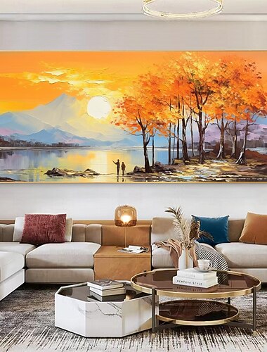  dipinto a olio originale fatto a mano con montagne e fiumi su tela da parete, dipinto artistico al tramonto per la decorazione domestica con cornice allungata/senza cornice interna