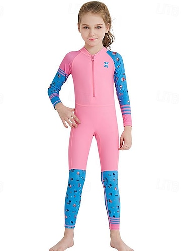  costume intero da ragazza con contrasto di colori, costume da surf elasticizzato a maniche lunghe, costume da bagno per bambini per le vacanze estive al mare