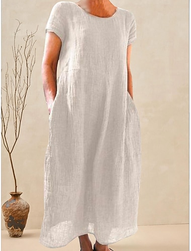  Damen Schwarz Weiß Gelb Sommer Frühling Maxikleid Weißes Kleid Baumwoll-Leinen-Kleider Freizeitkleid Basic Lässig Outdoor Urlaub Täglich Lässiger Schnitt Einfach Rundhalsausschnitt