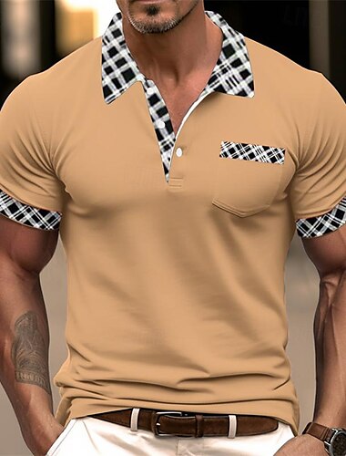  Herren Poloshirt aus Baumwollmischung Golfshirt Lässig Ferien Revers Kurzarm Mode Basic Hahnentrittmuster Karo Patchwork Tasche Sommer Normale Passform Dunkelgrau Weiß Himmelblau Orange Khaki