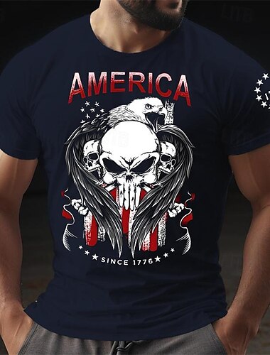  Herren Schädel Amerikanische Flagge T Shirt T-Shirt 100% Baumwolle Kurzarm Grafik Hemd Schwarz Dunkelblau Bequemes T-Shirt Sport im Freien Ferien Modedesigner-Kleidung