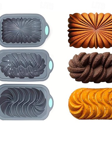  2 rechteckige Kuchenformen aus Silikon mit Lotus-/Spiral-/geflochtenem/klassischem Muster, geriffelte Cupcake-Förmchen, Mini-Gugelhupfformen für Pudding, Brot, Kuchen und mehr Gebäck in der Küche