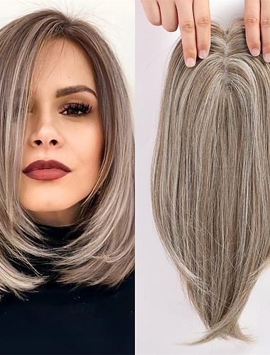  Light Brown & Ash Blonde Hair Toppers for Women Synthetic Hair Toppers Hair Pieces Swiss Base with 3 Clips in Wiglets Toppers for Women with Thinning Hair Grey Hair Hair Loss