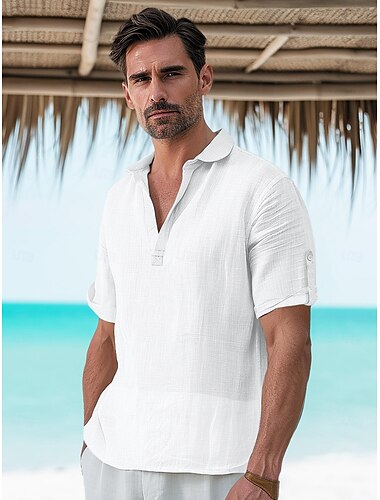  45% linnen Voor heren linnen overhemd Popover-shirt Zomer overhemd Strand hemd Wit Blozend Roze Beige Korte mouw Effen Revers Zomer Buiten Dagelijks Kleding