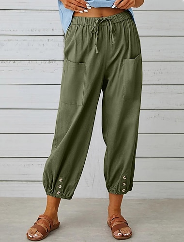  Damen Jogginghose olivgrün lässig Kordelzug elastisch Knöchel Knopf Detail Taschen leicht atmungsaktiv Frühling Herbst Freizeit Komfort mehrere Größen