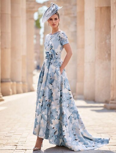  A-Linien-Kleid für die Mutter der Braut, Kentucky, elegante Kleider, formelle Hochzeitsgäste, elegantes Kleid, U-Boot-Ausschnitt, asymmetrisch, knöchellang, Chiffon, kurze Ärmel, mit Falten, Blume,