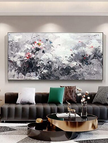  Handgefertigtes Ölgemälde auf Leinwand, Wandkunst, Dekoration, modernes Schwarz-Weiß, einfache abstrakte Textur, Lotusblumen, Pflanzen für Heimdekoration, gerolltes, rahmenloses, ungedehntes Gemälde