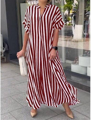  γυναικείο casual φόρεμα ριγέ κουμπί με στάμπα πουκάμισο γιακά μακρύ φόρεμα μάξι φόρεμα διακοπών κοντομάνικο καλοκαίρι