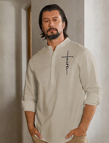  55% lino Bordado Hombre Camisa Camisa de lino Caqui Manga Larga Cruz Escote Chino Verano Primavera Exterior Calle Ropa
