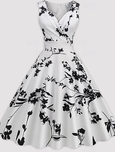  1950er Vintage inspiriert Cocktailkleid Midlänge Kleid Cocktailkleid Abschlussballkleid Ärmellos Gerüscht Blumendruck Vintage Druck Prinzessin V Ausschnitt Damen Maskerade Party Hochzeitsfeier