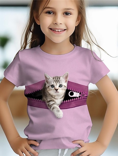  Flickor 3D Katt T-shirt Skjortor Rosa Kortärmad 3D-tryck Sommar Aktiv Mode söt stil Polyester Barn 3-12 år Rund hals Utomhus Ledigt Dagligen Normal