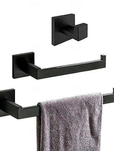  Das Badezimmer-Zubehörset umfasst einen Toilettenpapierhalter mit Kleiderhaken und einen Handtuchhalter in Antik-Optik zur Wandmontage in Mattschwarz, 3-teilig