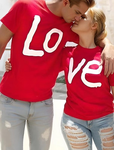 Paar T-Shirt Liebe 2St Paar Herren Damen T Shirt Rundhalsausschnitt Rote Valentinstag Täglich Kurzarm Bedruckt Modisch Brautkleider schlicht