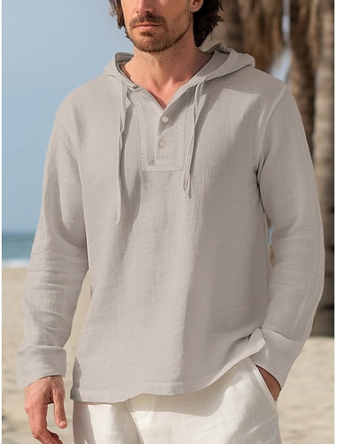  100% linnen nappi Voor heren linnen overhemd Zomer overhemd Strand hemd Zwart Wit Donker Marine Lange mouw Effen Capuchon Lente & Herfst Buiten Dagelijks Kleding