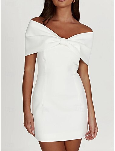  Damen Etuikleid Minikleid Rückenfrei Schleife Hochzeit Party Elegant Ausgefallene Schulterfrei Kurzarm Schwarz Weiß Rote Farbe