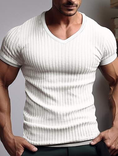  男性用 Tシャツ リブニットTシャツ ティートップ 平織り ピットストリップ Ｖネック ストリート バケーション 半袖 衣類 ファッション デザイナー ベーシック