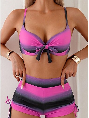  dames badpak bikini set halter strik voorkant hoge taille shorts gradiënt roze grijs zomer strandkleding snel drogend verstelbare pasvorm normale maat