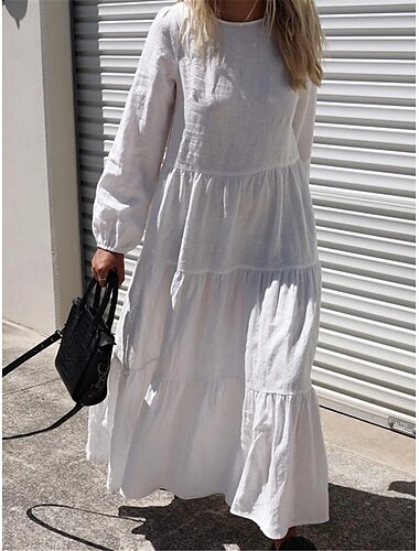  Mujer Vestido blanco Vestido informal Vestido de lino de algodón Vestido largo maxi Volante Básico Diario Cuello Barco Manga Larga Verano Primavera Negro Blanco Plano