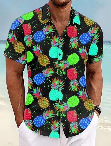  Herren Ananas Hemd Hawaiihemd Sommerhemd Aloha-Shirt Kurzarm Hemd Umlegekragen Urlaub Hawaiianisch Outdoor Urlaub Hawaiianisch Blau Purpur Fuchsie S M L