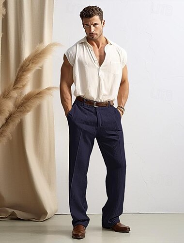  40% linnen Voor heren Linnen broek Broek Zomerbroek Zak Recht been Effen Ademend Comfortabel Kantoor / Formeel Dagelijks Vakantie Klassiek Casual Zwart Wit