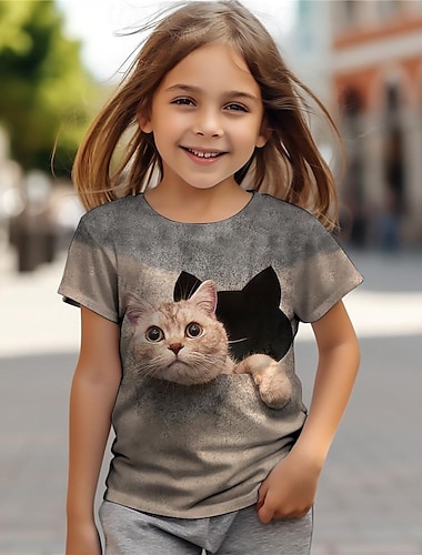  女の子 3D 猫 Ｔシャツ シャツ 半袖 3Dプリント 夏 活発的 ファッション かわいいスタイル ポリエステル 子供 3〜12年 クルーネック アウトドア カジュアル 日常 レギュラー