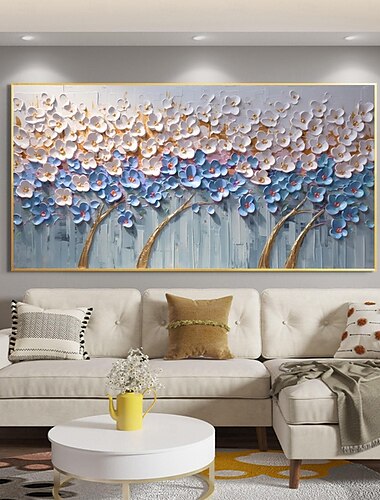  Gran pintura al óleo de bosque blanco azul pintada a mano sobre lienzo pintura abstracta de flor de cerezo pintura al óleo de flor texturizada hecha a mano para decoración de arte moderno arte de