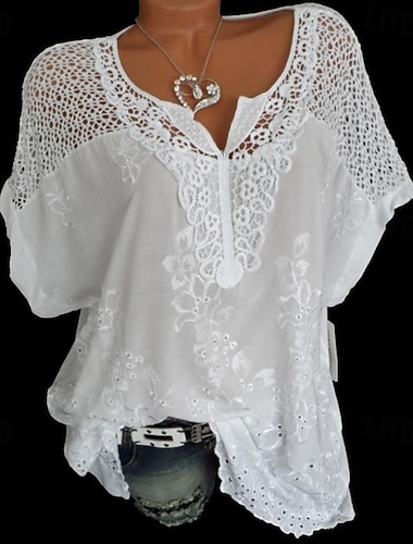  Shirt Lace Shirt Blouse Eyelet top Women's Black White Red Solid Color Lace Street Daily Fashion V Neck S