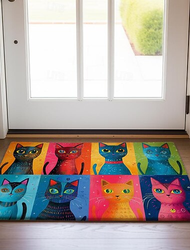  Felpudo de gatos coloridos, alfombras lavables, alfombra de cocina, alfombra antideslizante a prueba de aceite, alfombra interior y exterior, decoración de dormitorio, alfombra de baño, alfombra de