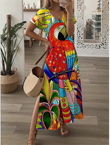  Robe Maxi Femme Robe Décontractée Robe d'Été Robe Shift Mode de Rue Hawaii Maxi Manches Tombantes Vacances Rue Vacances Coupe Lâche Imprimé Floral Animal Manches Courtes Col V Rose Rouge Été