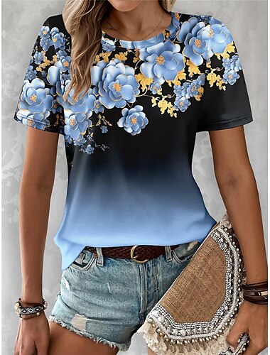  Damen T Shirt Blumen Farbverläufe Modisch Kurzarm Rundhalsausschnitt Normale Oberteile Täglich Wochenende Bedruckt Rosa Blau Himmelblau Purpur Sommer