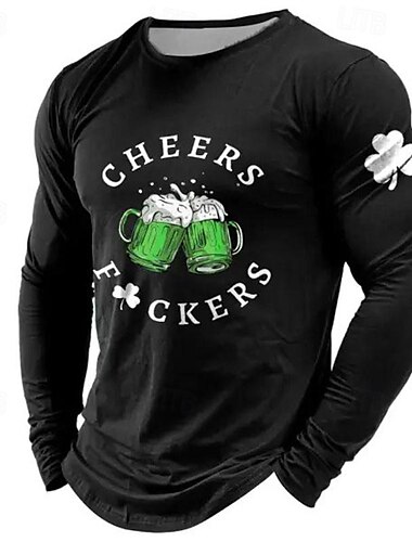  St. Patrick Herren Graphic Kleeblatt Bier Glückliche Iren T Shirt Langarm T-Shirt 3D-Druck Rundhalsausschnitt Hemd Modisch Designer Brautkleider schlicht Sports Outdoor Festtage Ausgehen Schwarz Blau