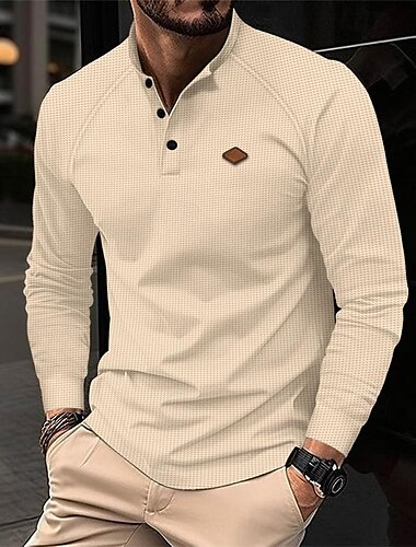  Herren Waffel-Poloshirt Golfhemd Arbeit Casual Ständer Langarm Basic Modern Glatt Taste Frühling & Herbst Regular Fit Schwarz Weiß Königliches Blau Khaki Grau Waffel-Poloshirt