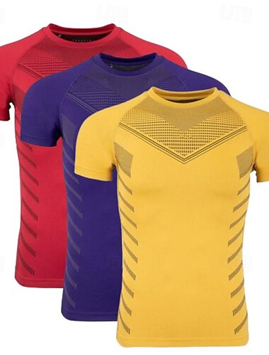  男性用 ジムシャツ フィットネストップス スポーツTシャツ クルーネック 半袖 スポーツ カジュアル／普段着 ジム用 速乾性 高通気性 ソフト 3パック カラーブロック 黒+赤+青 ブラック+グレー+レッド アクティブウェア ファッション ベーシック