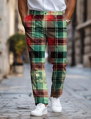  plaid/check business classico da uomo business pantaloni eleganti stampati in 3D piatto davanti gamba dritta in poliestere pantaloni a vita media abbigliamento da strada per esterni per lavorare