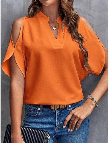  Overhemd Blouse Dames Zwart Wit Geel Effen Kleur Uitknippen Straat Dagelijks Modieus V-hals S
