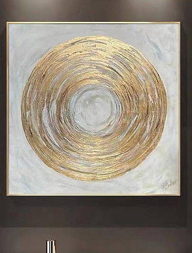  Pintura al óleo abstracta de círculo dorado sobre lienzo, pintura circular dorada pintada a mano, pintura al óleo abstracta original con textura de hoja de oro para sala de estar moderna, arte de