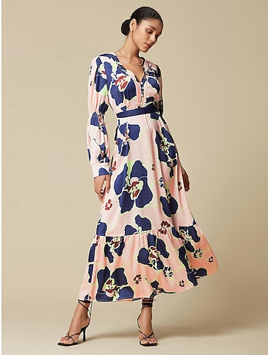  Satin-Maxikleid für Hochzeitsgäste mit Blumenmuster, V-Ausschnitt und Reißverschluss
