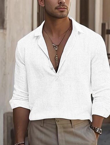  Men's Shirt Linen Shirt Summer Shirt Beach Wear Casual Shirt Button Up Shirt Plain Casual Daily Blue Black Khaki Gray Long Sleeve Lapel Spring & Summer Clothing Apparel