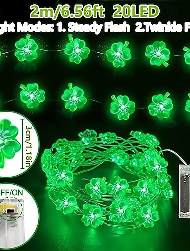 Elegante Lichterkette mit Kleeblatt für Hochzeitsempfang und St. Patrick's Day – 20 LEDs, batteriebetrieben, grüne Lichterkette für irische Partydekoration