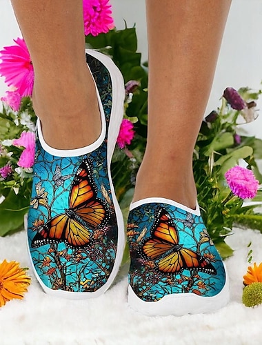  Femme Basket Imprimer des chaussures Chaussures d'impression Grandes Tailles Extérieur du quotidien Voyage Bloc de couleur Papillon 3D Talon Plat Décontractées Confort Minimalisme Marche Maille Bleu