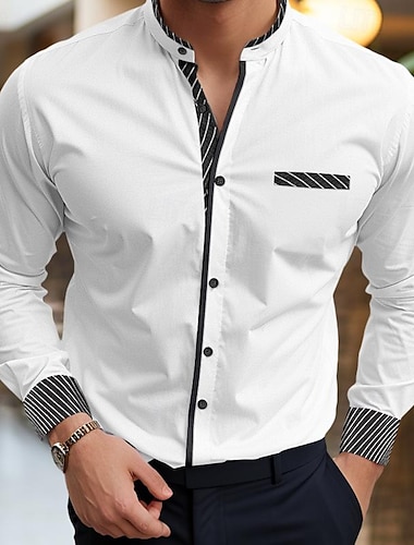  男性用 シャツ ボタンアップシャツ カジュアルシャツ ホワイト バーガンディー ブルー 長袖 縞柄 スタンド 日常 バケーション スプライス 衣類 ファッション カジュアル スマートカジュアル