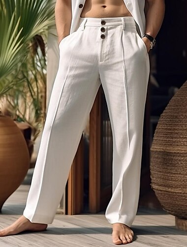  40 % Leinen Herren Leinenhose Hose Hosen Sommerhosen Knopf Tasche Gerade geschnitten Glatt Atmungsaktiv Komfortabel Urlaub Büro / Geschäftlich Täglich Klassisch Brautkleider schlicht Schwarz Weiß