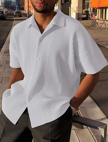  Herr Sommarskjorta Casual skjorta Strandskjorta Knapp upp skjorta Vit Kortärmad Slät Vertikala remsor Kavajslag Semester Helgdag Button-Down Kläder Polyester Mode Ledigt Bekväm