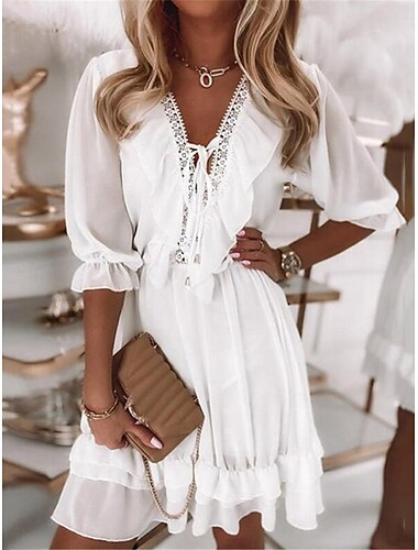  Damen Weißes Kleid Minikleid Chiffon mit Schnürung Rüsche Verabredung Urlaub Strassenmode V Ausschnitt Halbe Ärmel Weiß Farbe