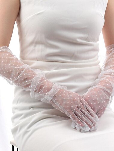  Lange Hochzeitshandschuhe für Damen, Polka Dot Mesh, halbtransparente Brauthandschuhe, Hochzeit, durchscheinende Handschuhe