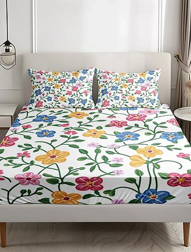  Spannbettlaken-Set mit floralem Frühlingsmuster, 100 % Baumwolle, ultraweiche, atmungsaktive, seidige Bettwäsche, tiefe Taschen, 3-teiliges Queen-King-Size-Bett