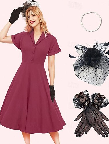  conjunto con vestido retro vintage de los años 50 vestido con vuelo vestido acampanado tocado traje de fiesta tocado sombrero sombrero guantes2 piezas mujer mascarada evento/fiesta cita vacaciones