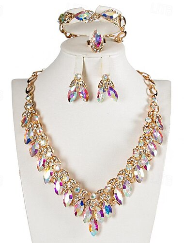  Conjunto de Jóias 4pçs Strass Liga Anéis 1 Colar Brincos Braceletes Mulheres Elegante Punk Vintage Geométrico Forma Geométrica Conjunto de jóias Para Casamento Festa Ocasião Especial