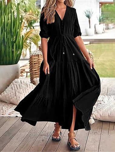  Dames Casual jurk Lange jurk maxi-jurk Trekkoord Splitsen Afspraakje Streetwear Maxi V-hals Halve mouw Zwart Wit Blozend Roze Kleur