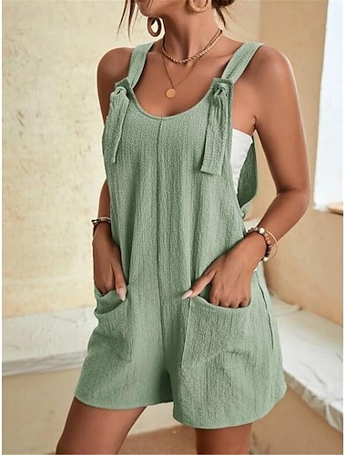  Women's Jumpsuit Button Pocket Solid Color Crew Neck Basic Street Daily Regular Fit Sleeveless Black Light Green Pink S M L Summer